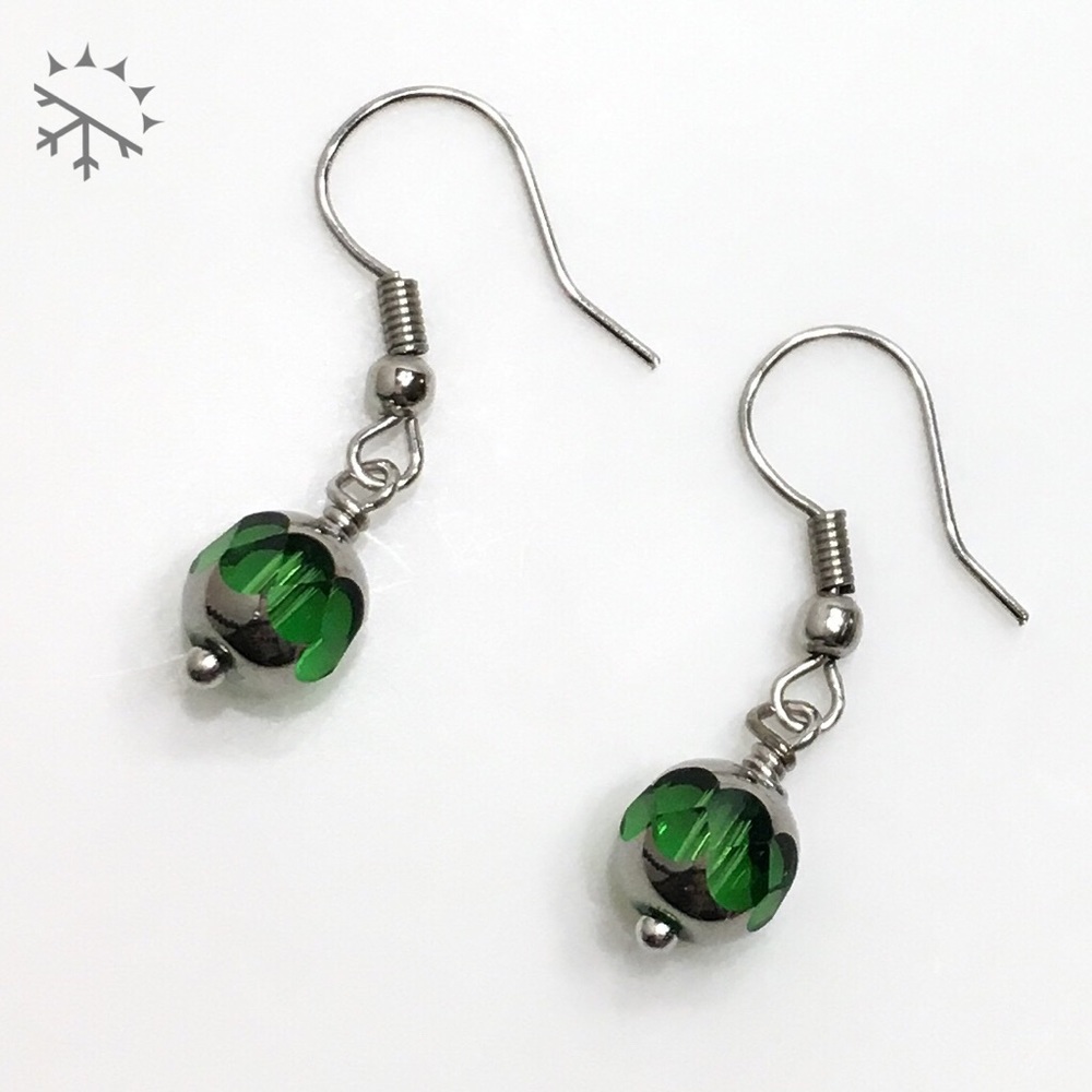 Emerald & Silver Cathedral Glass Earrings